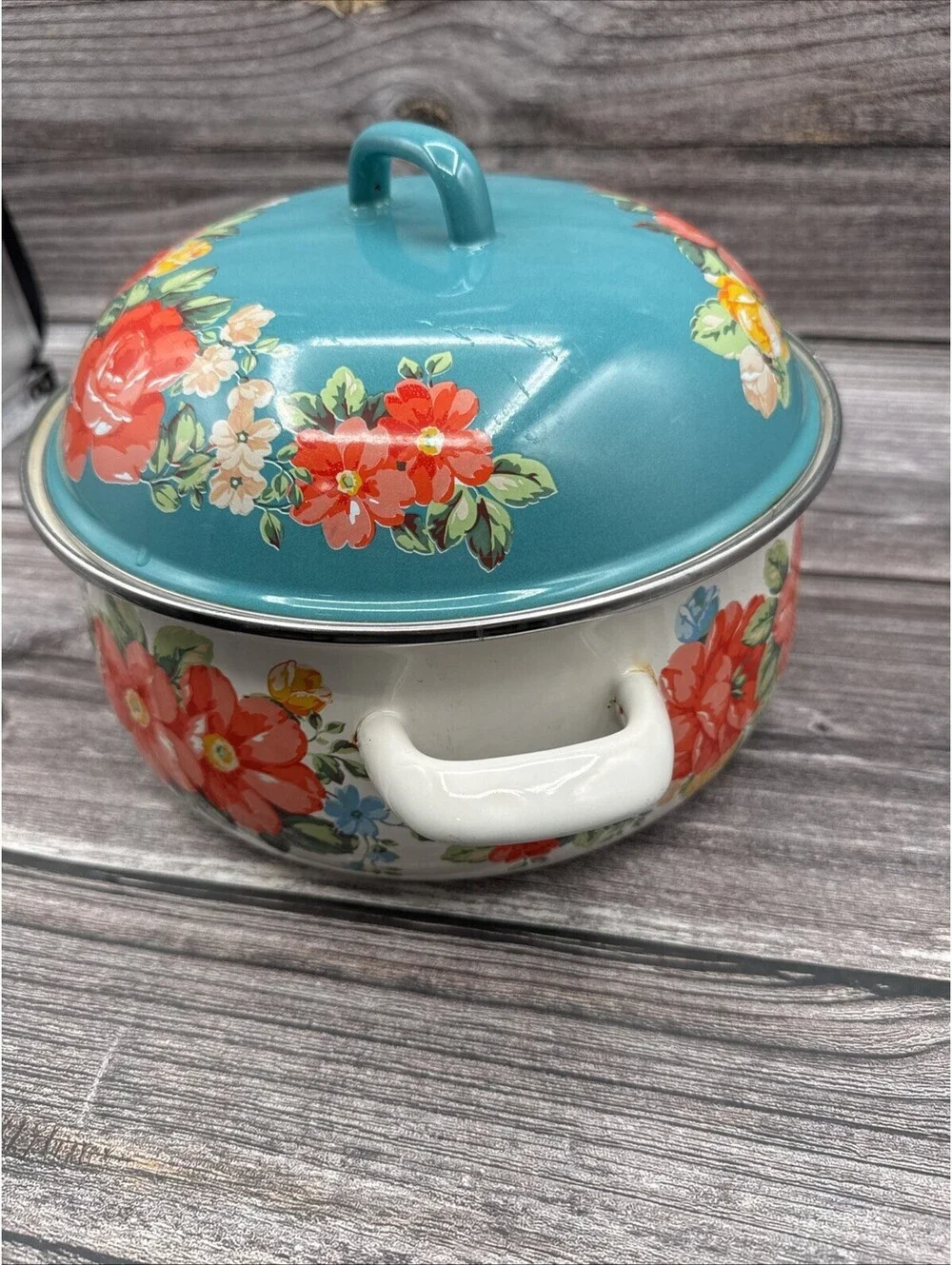 Pioneer Woman Sweet Rose 4 Qt Enamel Pot Dutch Oven Turquoise Lid Cottagecore